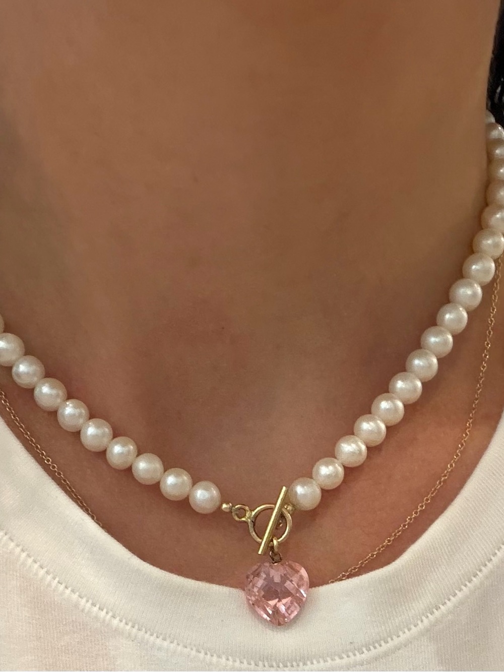 Genuine Pearl and Pink Crystal Heart Choker